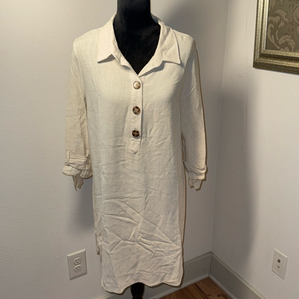 Naïf natural oatmeal shirt dress linen blend half buttoned down 3/4 sleeve‎ Sz L